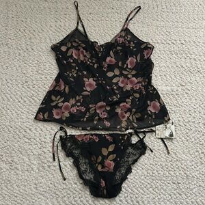 Marks & Spencer floral print lace trim cami & side tie lace back panty set NWT